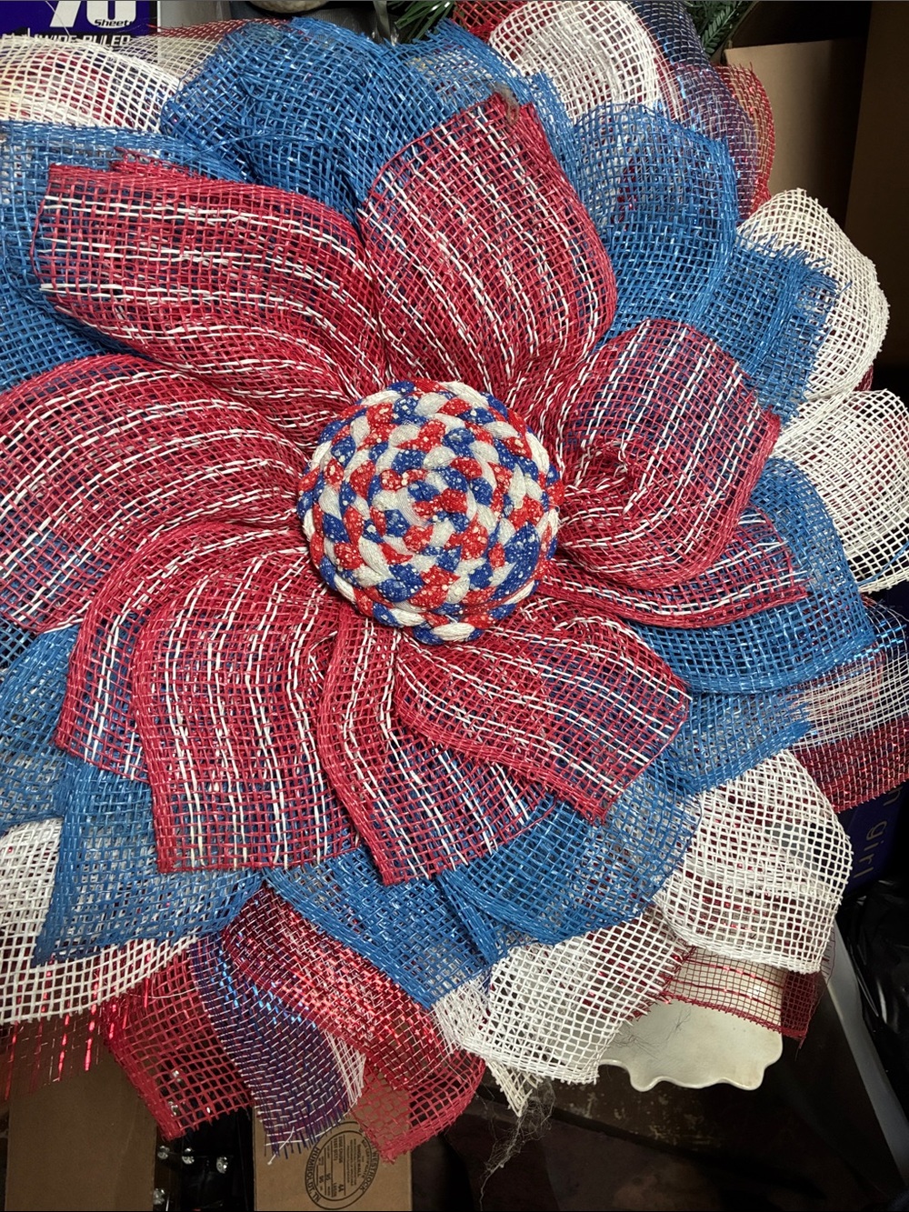 Patriotic Custom made Red, White & Blue Decorative Mesh Flower Wreath Accent
